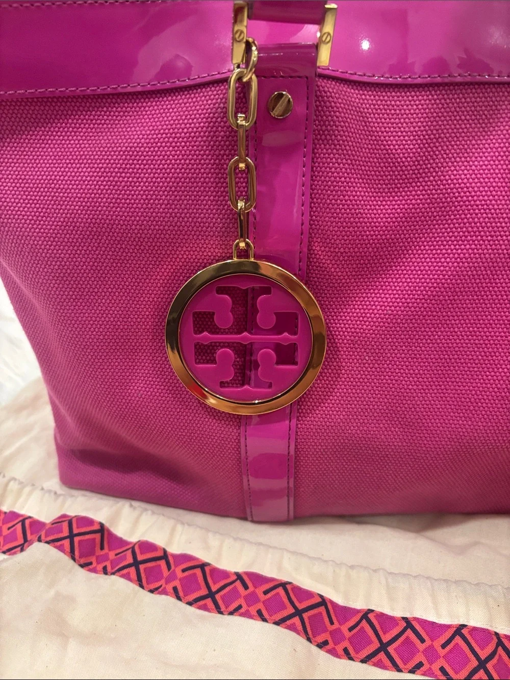 Tory Burch Hot Pink Tote with Gold Charm with tags